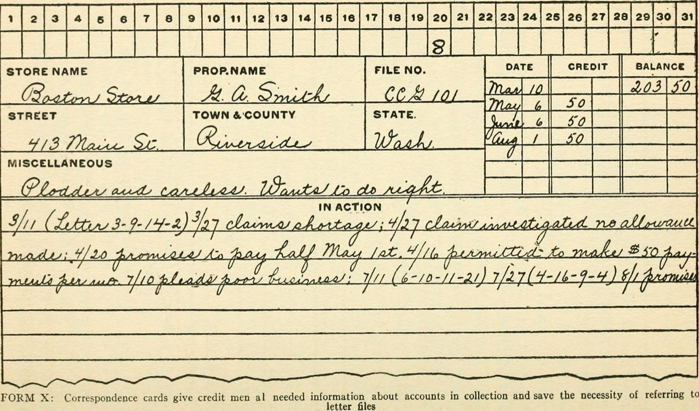 A 1913 credit card recording a customer's promises to pay